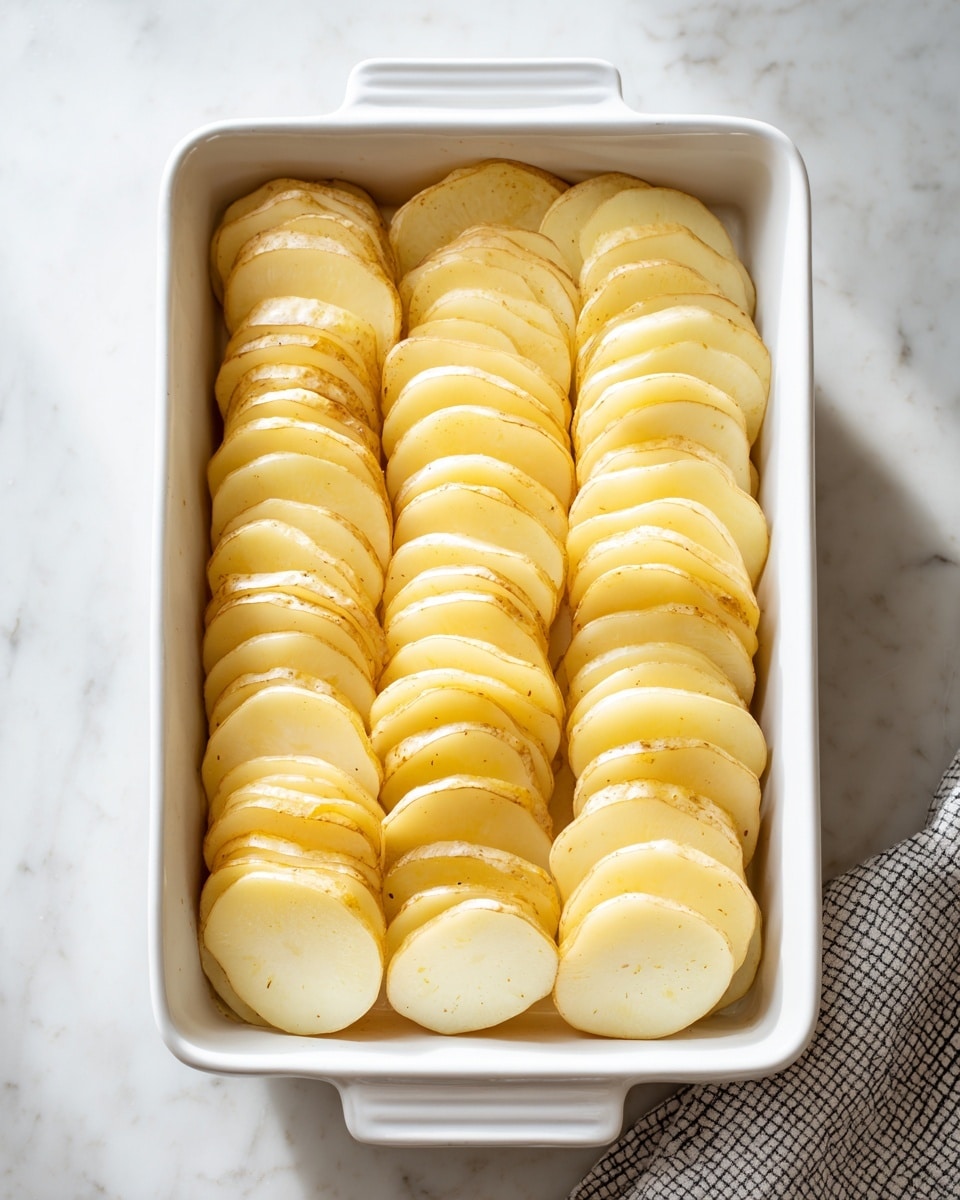 The image shows a white rectangular baking dish filled with six stacks of thinly sliced potatoes arranged neatly in two rows of three. Each stack has many pale yellow slices with light brown skin around the edges, showing the smooth texture of the potato flesh and slightly rough outer skin. The slices stand upright, tightly packed together, and fill the dish exactly from side to side. The dish is placed on a white marbled surface, with a folded cloth with a small check pattern in black and white near the bottom right corner of the dish. Photo taken with an iphone --ar 4:5 --v 7