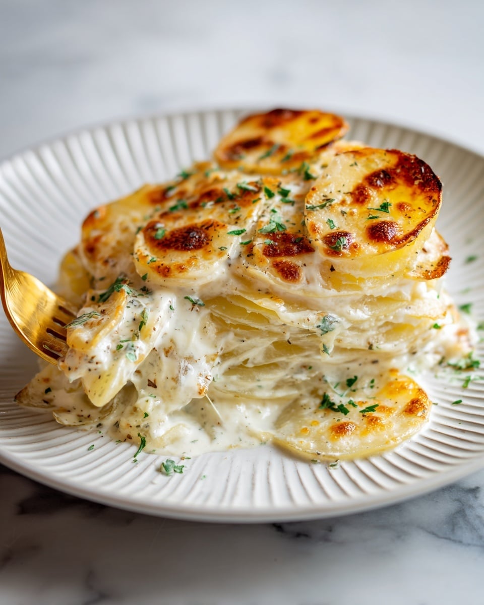 A white plate with ridged edges holds a creamy potato dish made of about five visible layers of thinly sliced pale yellow potatoes covered in smooth white sauce. The top layer is golden brown with small patches of melted cheese browned in spots, sprinkled with small pieces of chopped green herbs. A gold fork lifts a portion on the bottom left side, showing soft, tender potato slices under the sauce. The plate rests on a white marbled textured surface. Photo taken with an iphone --ar 4:5 --v 7