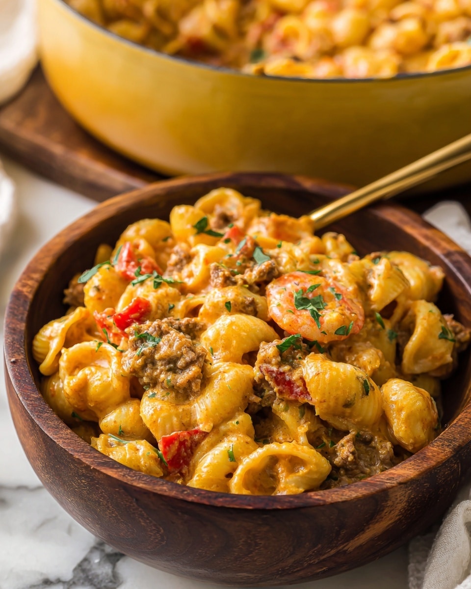 A close-up view of a rich, creamy pasta dish in a dark wooden bowl filled with three visible layers: the bottom layer of thick pasta shells coated in orange cheese sauce, the middle layer with chunks of browned meat and small shrimp pieces, and the top layer sprinkled with chopped green herbs and red bell pepper slices, all mixed together with a glossy texture; a gold fork rests inside the bowl, and a yellow pot filled with more of the cheesy pasta sits blurred in the white marbled background cloth photo taken with an iphone --ar 4:5 --v 7