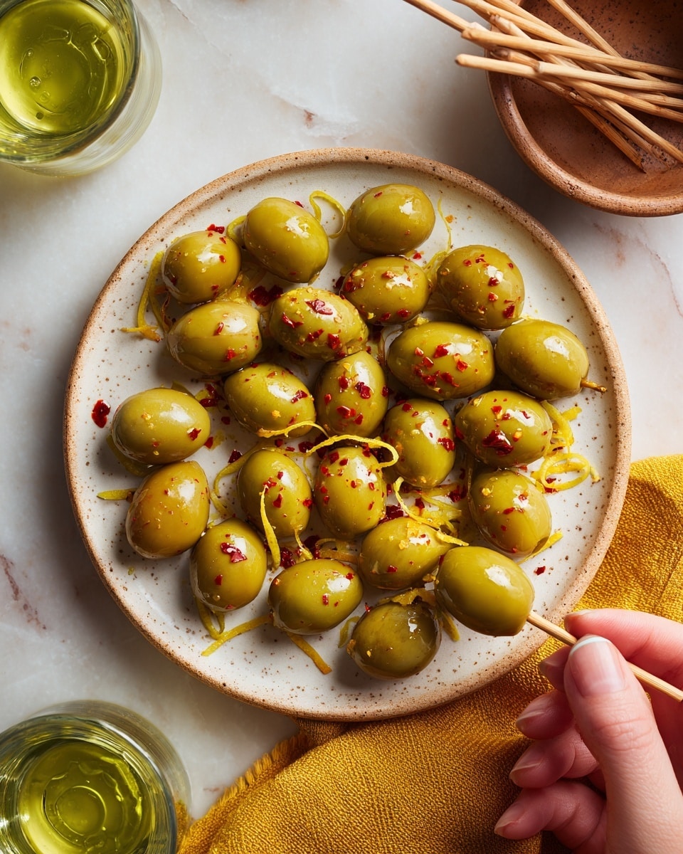 A round speckled white plate filled with shiny green olives, each olive skewered with a light wooden toothpick, some olives garnished with small red flakes and thin yellow lemon zest strips scattered over and around the olives. A woman's hand holds one toothpick, picking an olive from the right side. The plate is on a white marbled surface with a mustard yellow textured cloth below it, and out of focus in the background are two clear glasses with green liquid, a brown container holding wooden sticks, and a small rustic bowl. photo taken with an iphone --ar 4:5 --v 7