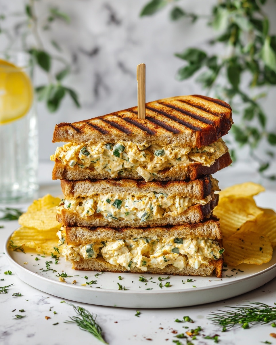 The image shows two white plates, each with a grilled sandwich that has clear golden brown grill marks and a crispy texture on the outer layer. Each sandwich is paired with a small pile of light yellow, ridged potato chips on the side of the plate. One plate has a dollop of light green creamy sauce mixed with chopped herbs, placed near the chips. There is also a smaller white plate with three slices of toasted white bread that are golden brown with grill marks. Around the plates, there are fresh green herbs, including parsley on the left and dill on the right, all set on a white marbled surface. Photo taken with an iphone --ar 4:5 --v 7