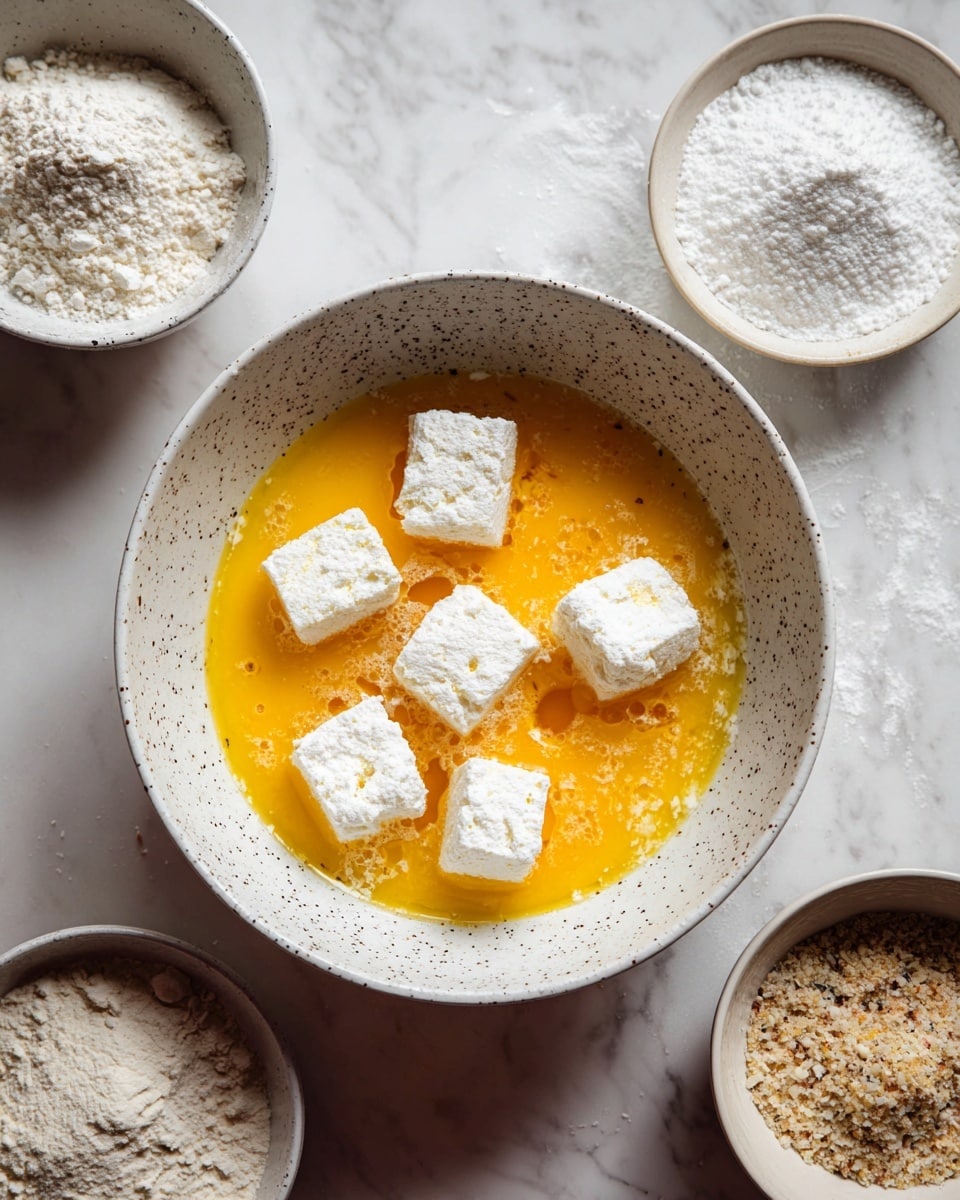 A speckled white bowl holds bright orange beaten eggs with eight small white cubes coated unevenly with flour submerged in the egg mixture, resting on a white marbled surface with other bowls holding flour and breadcrumbs nearby. photo taken with an iphone --ar 4:5 --v 7