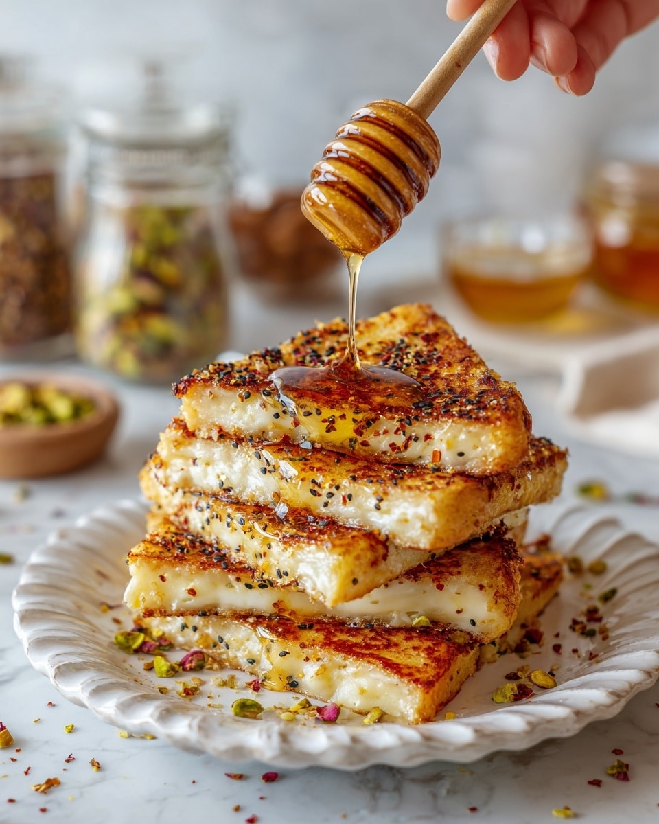 The image shows about twenty golden-brown triangular pieces of tofu arranged in a layered pile on a white scalloped plate with subtle speckles. Each tofu piece has a slightly crispy texture with darker brown spots, and they are sprinkled evenly with black and white sesame seeds along with small red chili flakes for a pop of color. The tofu is coated with a shiny glaze that makes them look sticky and flavorful. The background is a white marbled surface, and parts of small bowls with green pistachios and red chili flakes are visible nearby. photo taken with an iphone --ar 4:5 --v 7