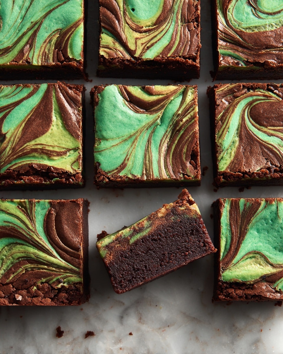 The image shows six thick, square-shaped brownies stacked on a white marbled surface. Each brownie has a rich dark brown base with swirls of bright green cream mixed inside, creating a marble effect. The texture looks soft and dense, with the green swirls unevenly spread in each piece. In the background, there is a clear glass bottle filled with milk and some green leafy herbs slightly blurred, adding a fresh look to the scene. photo taken with an iphone --ar 4:5 --v 7