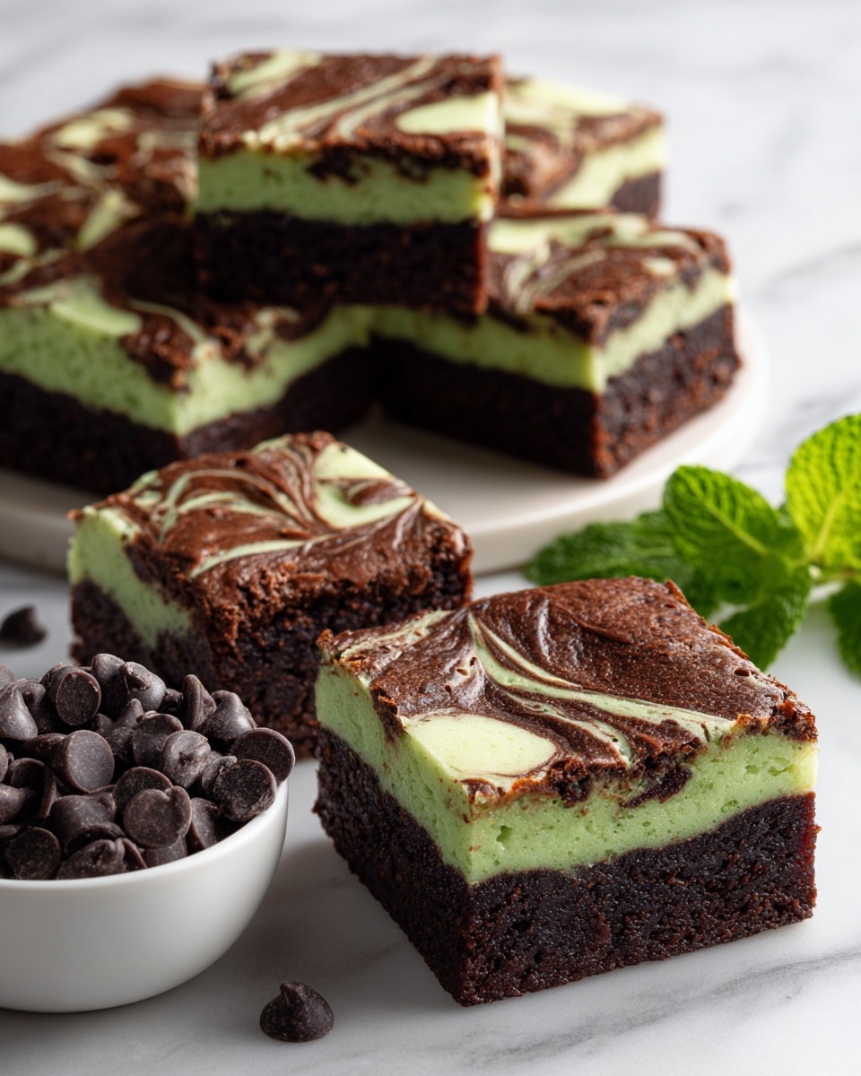 The image shows a close-up of a batch of square brownies with a green and brown swirl pattern on top, arranged in a grid. One piece is lifted slightly to reveal the inside, showing the same green and brown marbled effect throughout the thick brownie. The green swirl has a smooth, creamy texture mixed with the darker chocolatey brown base, creating a strong contrast. The brownies have clean edges and a moist but firm look. The background surface is a white marbled texture. photo taken with an iphone --ar 4:5 --v 7