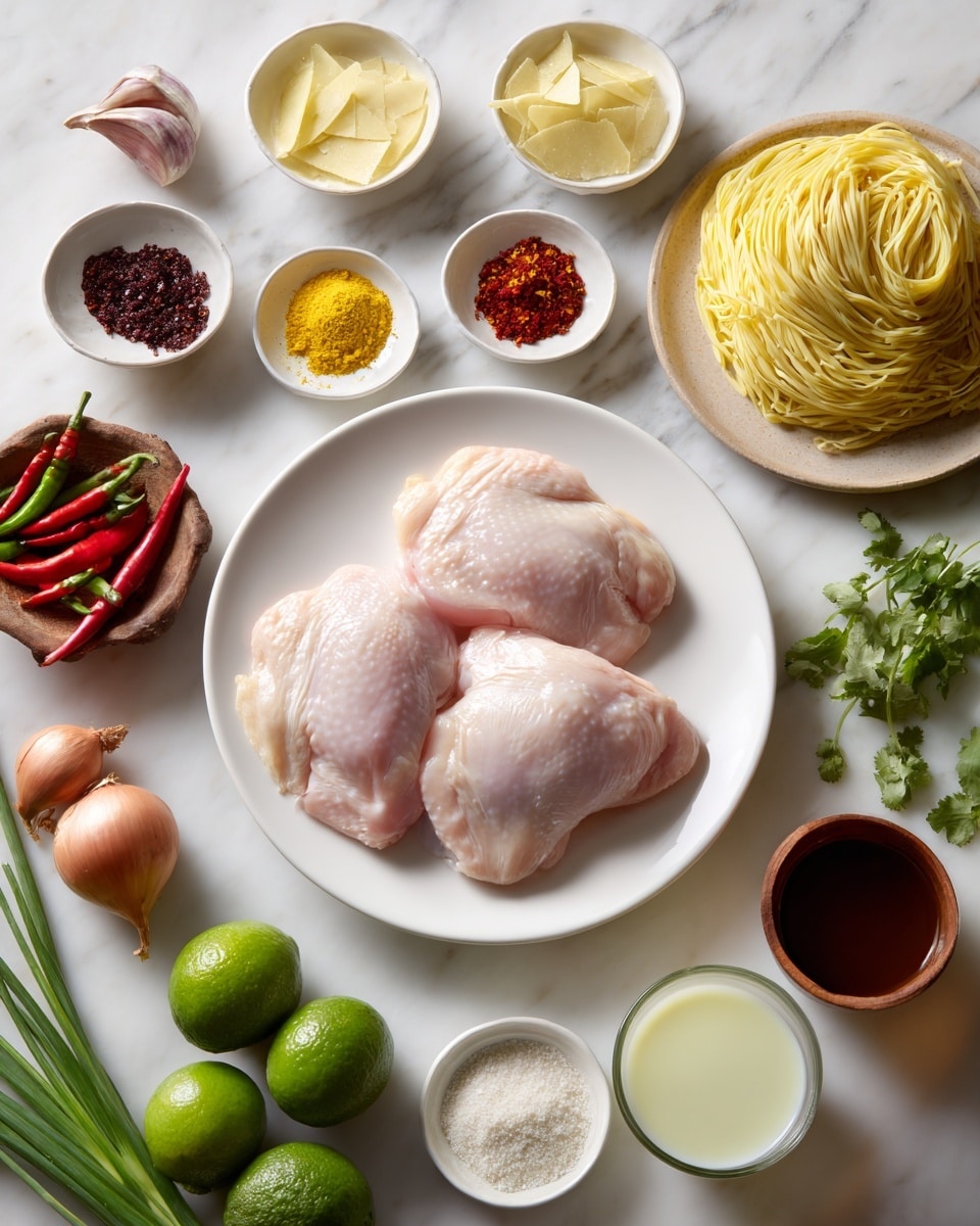 The image shows a large white plate in the center with three raw chicken pieces, smooth and light pink in color, arranged side by side. Surrounding the plate are various ingredients on a white marbled surface: on the top left, small white bowls hold pale yellow dried slices, bright yellow powder, and a dark red paste; near them, red, green, and orange chili peppers and two light brown shallots are placed. On the top right, a white plate holds tightly wound pale yellow noodles, next to small wooden and white bowls filled with white salt and light green liquid. Below, bright green herbs are scattered next to two whole green limes, a bowl of creamy white coconut milk, a cup of dark brown liquid, and a glass of light golden broth. A bunch of green onions is at the far right side. The whole setting is neat and brightly lit, photo taken with an iphone --ar 4:5 --v 7