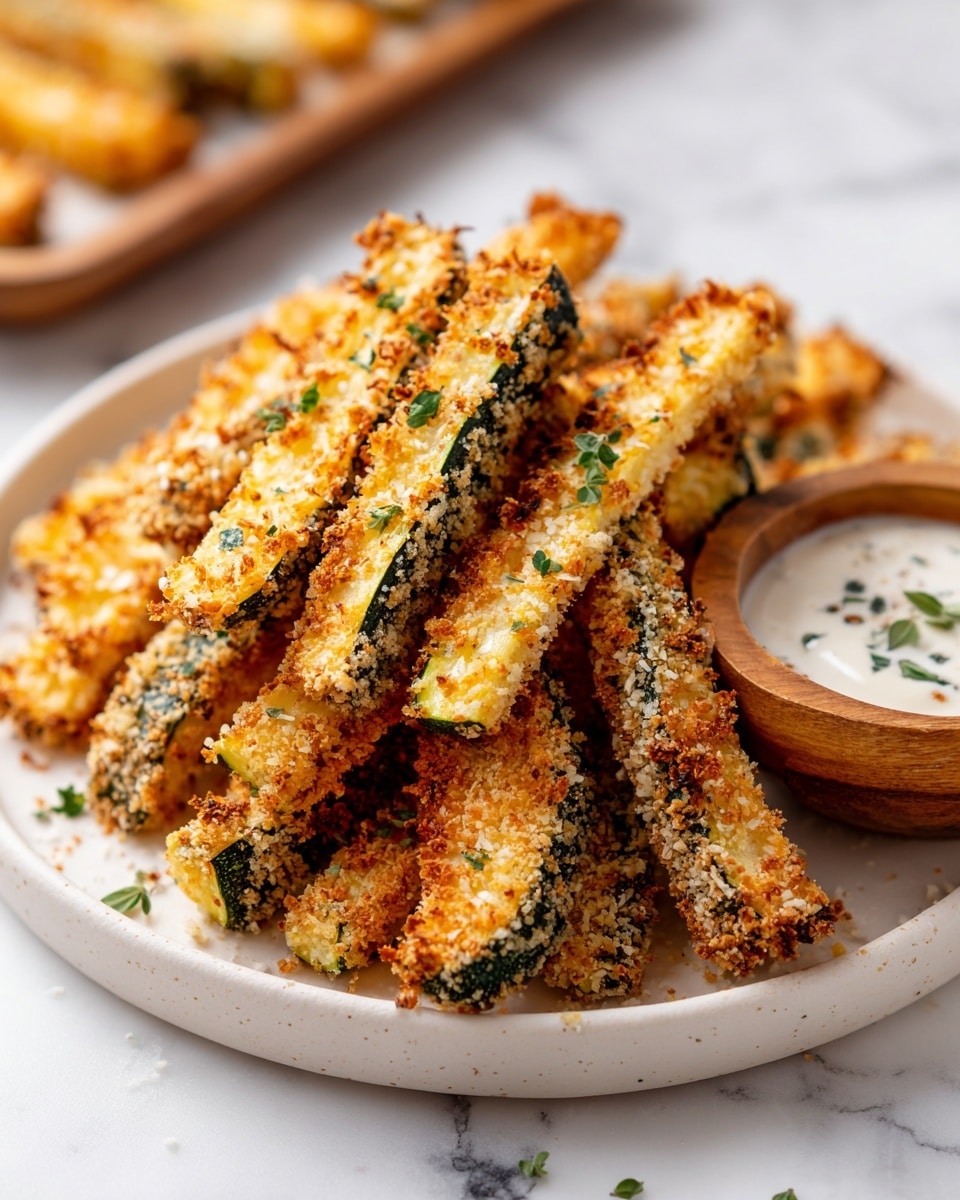 A close-up view of a woman's hand holding a golden-brown crispy zucchini fry dipped in white creamy sauce. Below, there is a large pile of similar zucchini fries stacked on a white plate, sprinkled with small green herb pieces. Next to the fries, a small bowl filled with the white creamy sauce is visible. The whole scene is set on a white marbled surface, with a blurred background showing more fries. The texture of the fries is crunchy with a slightly uneven coating, and the colors range from light green zucchini to golden-brown crust. photo taken with an iphone --ar 4:5 --v 7