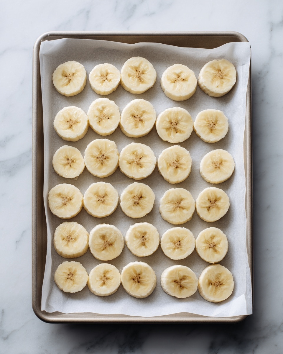 A baking tray lined with white parchment paper holds a single layer of evenly spaced banana slices arranged in a grid pattern. Each round banana slice is pale yellow with a soft, smooth texture and faint star-like details in the center. The tray sits on a white marbled surface, and no other objects are visible in the image. photo taken with an iphone --ar 4:5 --v 7