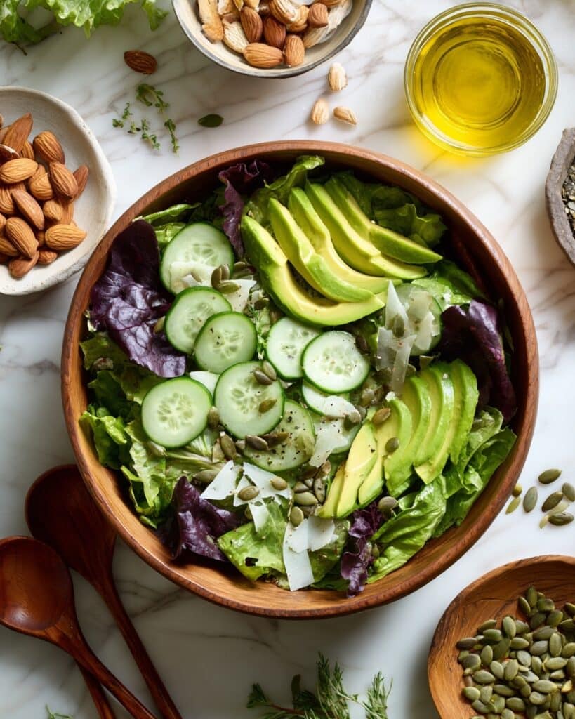 Simple Green Salad with Lemon Vinaigrette, Roasted Tamari Almonds, and Fresh Toppings Recipe