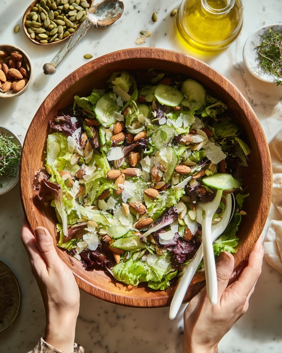 A wooden bowl filled with a fresh green salad on a white marbled surface, the bottom layer consists of bright green lettuce leaves and some dark purple leaf pieces scattered evenly. Over the greens are thinly sliced cucumber rounds, arranged across the bowl. There are several slices of avocado fanned out in curved shapes, spread on top of the vegetables. Whole almonds and small green pumpkin seeds are sprinkled through the salad, adding texture. Thin white cheese shavings are scattered mainly near the avocado and cucumber. Around the bowl are small plates with almonds and pumpkin seeds, a clear glass bowl with yellow oil and a spoon, some leafy herbs, and wooden salad utensils resting at the lower left corner of the image. The photo taken with an iphone --ar 4:5 --v 7