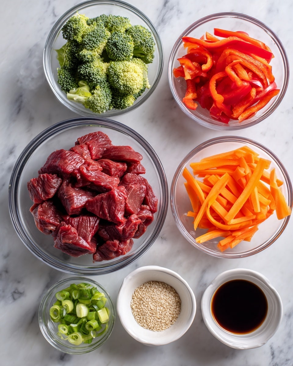 A clear glass bowl in the center holds thin slices of raw red beef stacked loosely. Surrounding it are seven smaller bowls on a white marbled surface: to the top left, a clear glass bowl filled with bright green broccoli florets; below that, a white bowl containing long, thin red bell pepper strips; to the bottom right, a small white bowl with green sliced scallions; above that, a clear glass bowl of light brown sesame seeds; to the top right, a white bowl filled with sliced orange carrots; next to the broccoli, a small clear glass bowl with pale minced garlic; and finally, a small clear glass bowl containing a dark brown soy sauce. The arrangement is neat and well spaced. Photo taken with an iphone --ar 4:5 --v 7