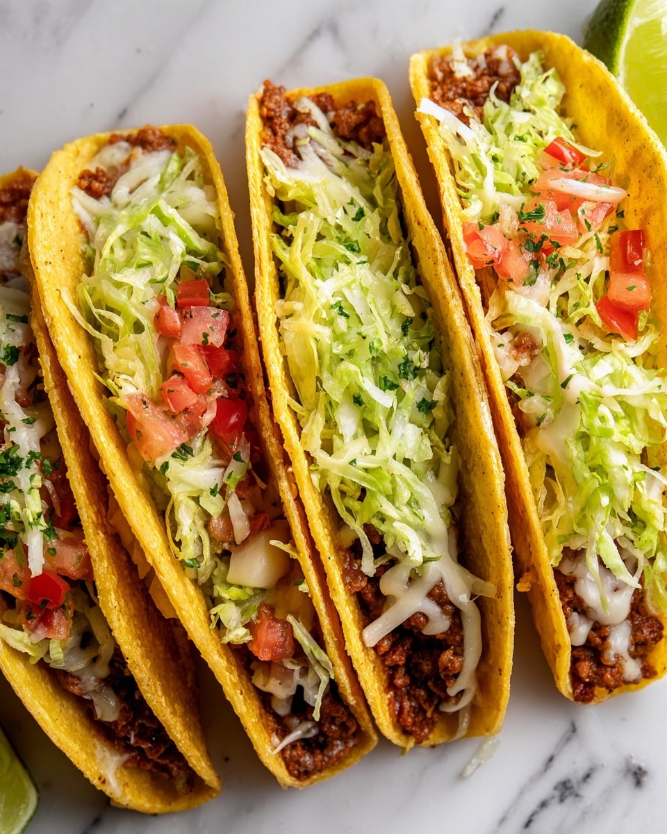 The image shows a white bowl filled with cooked ground beef, with a silver spoon resting inside. Beside it, a white plate holds several small bowls and piles with taco ingredients, including shredded yellow cheese, chopped red tomatoes, shredded green lettuce mixed with some cilantro, chopped red onion, lime wedges, and a small bowl of white sauce. Three yellow taco shells are positioned in the top right corner. The background is a white marbled surface. Photo taken with an iphone --ar 4:5 --v 7