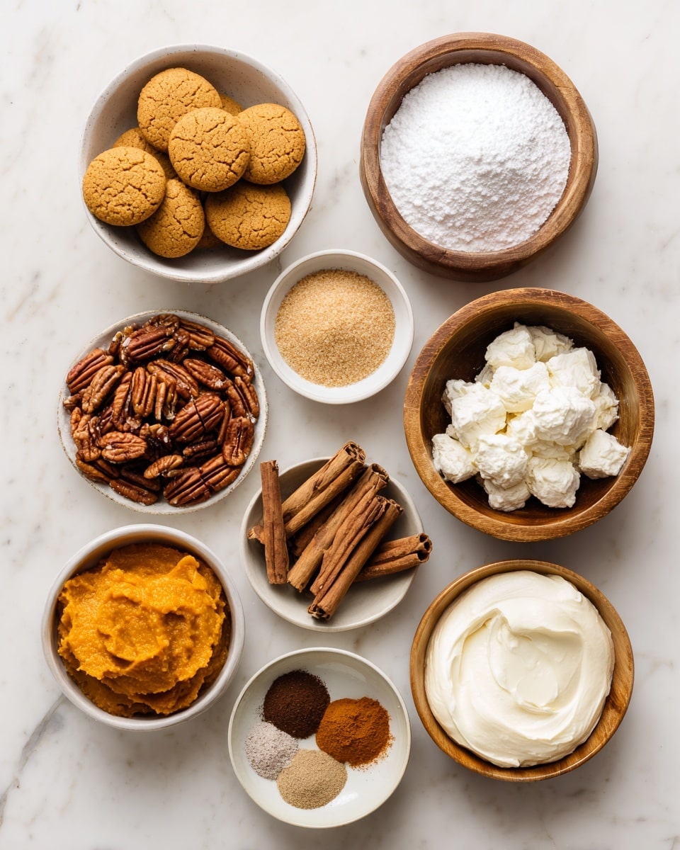 Nine small white bowls and one wooden bowl are arranged neatly on a white marbled surface. Starting from the top left, the first bowl holds round ginger snap cookies of a golden brown color. To its right is a bowl filled with white powdered sugar. Below the cookies is a bowl with light brown sugar grains, next to it is a bowl with whole pecans that are shiny and brown. Directly below the pecans is a bowl with orange pumpkin puree, and next to it on the right is a bowl filled with smooth, white cream cheese. Toward the bottom right is a bowl with thick heavy cream, and to the bottom left is a round wooden bowl holding cinnamon sticks, pumpkin pie spice, salt, and cinnamon powders in different brown shades. Finally, a small white bowl near the bottom center contains amber-colored vanilla extract. photo taken with an iphone --ar 4:5 --v 7