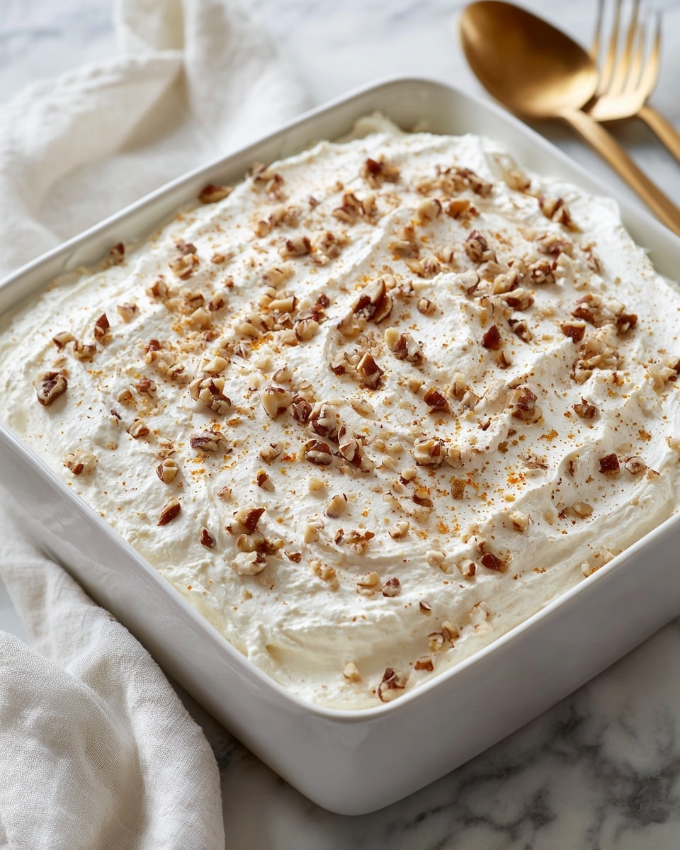 A white square dish filled with a creamy, fluffy white layer that looks like whipped cream spread evenly on top. This creamy layer is sprinkled all over with small, rough pieces of brown nuts and bits of orange spice, creating a textured top. The dish is placed on a surface with a white marbled texture, with a soft white cloth nearby and blurred golden spoon and fork in the background. Photo taken with an iphone --ar 4:5 --v 7