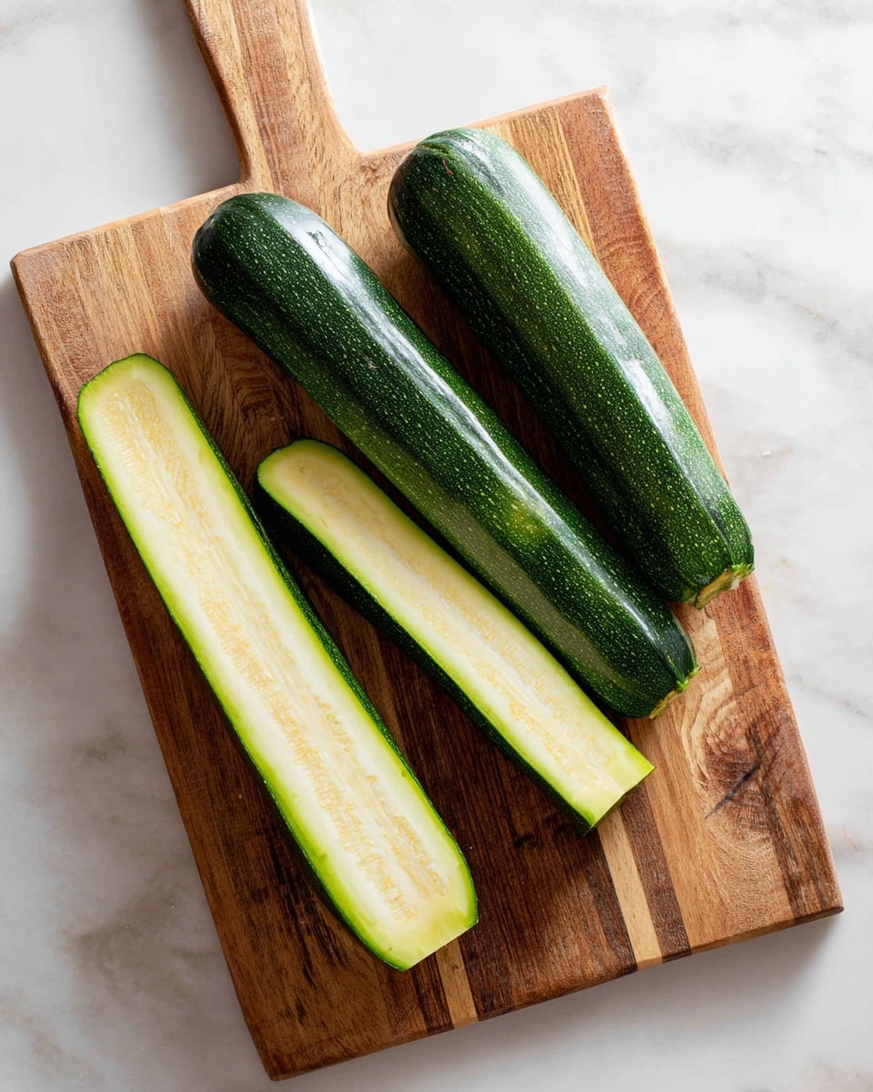 Three pieces of zucchini lay on a wooden cutting board with visible grain and knife marks. Two pieces show dark green skin on the outside, while the third piece displays pale green, moist interior flesh. The cutting board is placed on a white marbled surface. Photo taken with an iphone --ar 4:5 --v 7