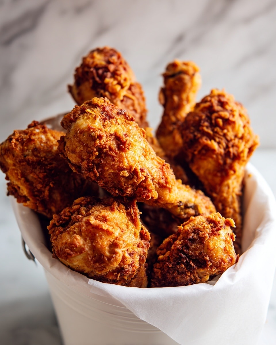 A white bucket with red vertical stripes filled with seven golden-brown fried chicken drumsticks, some stacked on top, lined with white paper inside the bucket. In front of the bucket on a white marbled surface, there is one piece of fried chicken torn open to show white meat inside, with a small reddish spice powder nearby. Three small white bowls with different seasonings are scattered around, next to a set of rose-gold cutlery in the background. The scene has warm lighting and a beige tiled wall as the backdrop. Photo taken with an iphone --ar 4:5 --v 7