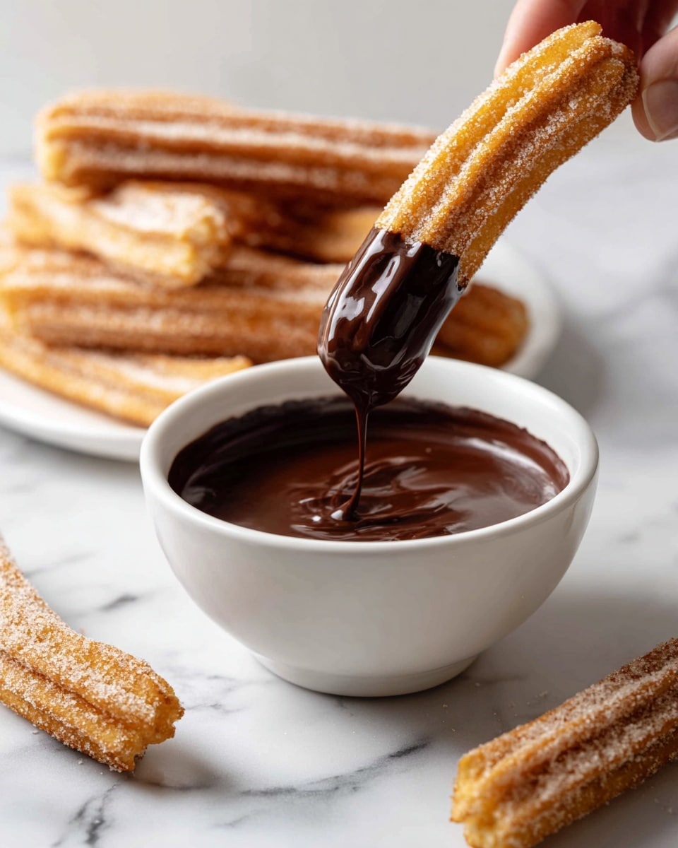 A white plate filled with about a dozen churros stacked in layers, each churro covered in a light brown cinnamon sugar coating, showing a slightly rough, granulated texture. On the right side of the plate, a small white bowl is filled with smooth, dark chocolate sauce, with a gentle swirl pattern on the surface. The plate sits on a white marbled surface next to a purple patterned cloth, and there are some light pink plates stacked in the background. The photo taken with an iphone --ar 4:5 --v 7