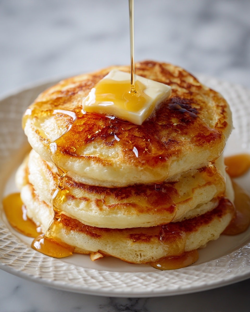 Three pancakes stacked slightly overlapping on a white plate with wide yellow vertical stripes. The top pancake is golden brown with a square pat of butter melting on top, and syrup glistens across its surface. Behind it are two more pancakes, one lighter and one golden brown. A silver fork rests on the left side of the plate. The plate sits on a white marbled surface, with a pink cloth featuring orange circular shapes partially visible under the plate. To the top left, part of a white bowl with syrup inside and a glass filled with a light brown drink are visible. In the top right, a white plate with more pancakes and a fork are partially visible. Photo taken with an iphone --ar 4:5 --v 7