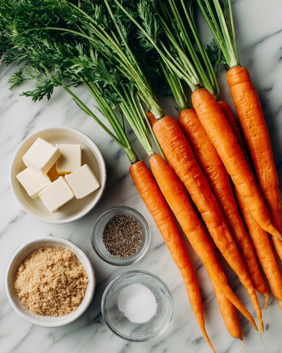 A bunch of bright orange carrots with green leafy tops lie on the right side on a white marbled surface. On the left side, three small white bowls hold different ingredients: one bowl contains light brown sugar with a crumbly texture, another has three white square butter pieces on a clear dish, and the last bowl has mixed black pepper and white salt. The simple and fresh setup shows natural colors and textures clearly. photo taken with an iphone --ar 4:5 --v 7
