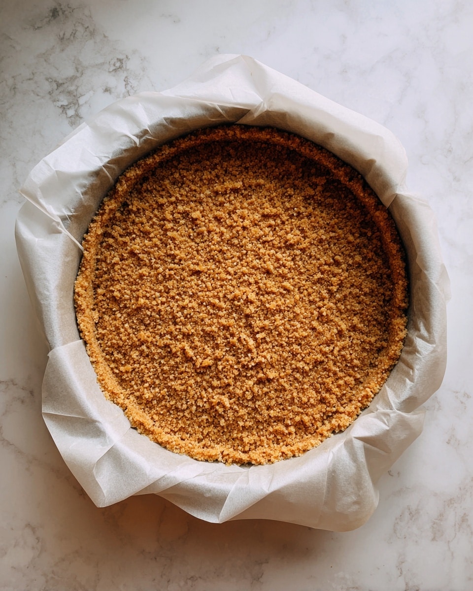 A round baking pan lined with white parchment paper holds a thick, even layer of golden-brown crumb crust pressed against the bottom and sides, with a slightly coarse and crumbly texture; the pan sits on a white marbled surface. photo taken with an iphone --ar 4:5 --v 7