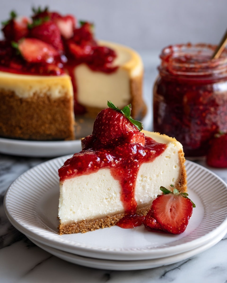 A slice of cheesecake sits on a white plate with a ridged edge, showing three layers: a thick golden-brown crumb crust at the bottom, a smooth pale cream cheesecake layer in the middle, and a glossy red strawberry topping with visible whole and sliced strawberries dripping down the sides. Behind the slice is a blurred whole cheesecake with a similar crust and creamy top. To the right, a jar filled with chunky red strawberry sauce rests on a white marbled surface. The photo taken with an iphone --ar 4:5 --v 7