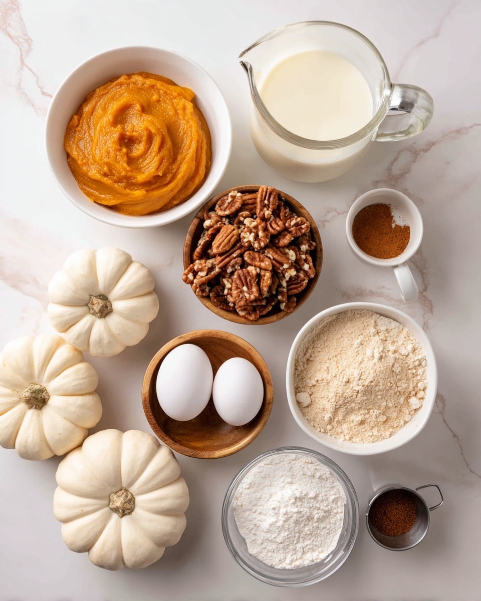 The image shows ingredients for a recipe arranged neatly on a white marbled surface. There is a white bowl filled with smooth orange pumpkin puree positioned near the center-left. To the right of it, there is a white bowl of light brown sugar with a crumbly texture. Four white eggs sit in a cluster below the bowls, next to a small wooden cup filled with chopped pecans with a rough texture and brown shades. Near the top, a glass pitcher filled with light cream is placed, and below it, another glass pitcher contains melted butter with a shiny, smooth surface. In the bottom right, a clear plastic bag is filled with a fine, pale-yellow flour. Additionally, there is a white bowl of granulated white sugar and a small metal cup of dark cinnamon powder nearby. Two decorative white pumpkins with brown stems add a seasonal touch in the lower left corner. Photo taken with an iphone --ar 4:5 --v 7