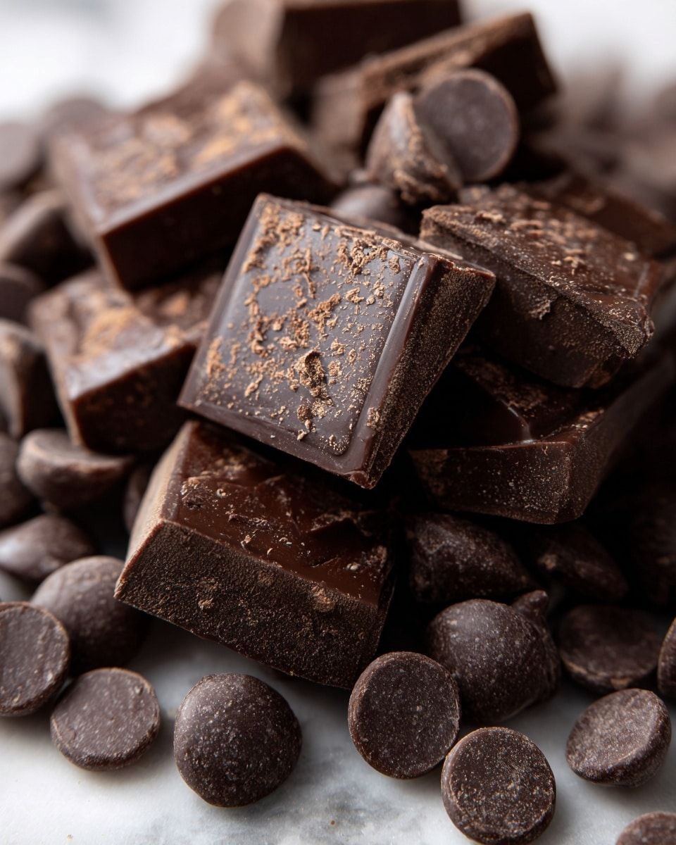A close-up image of dark brown chocolate pieces and chips. The pieces are square with rough edges and a powdery texture on top, while the chips are smooth and round. They are piled closely together, filling the whole frame with details of the chocolate texture visible. The background is softly blurred with a white marbled texture visible at the edges. photo taken with an iphone --ar 4:5 --v 7