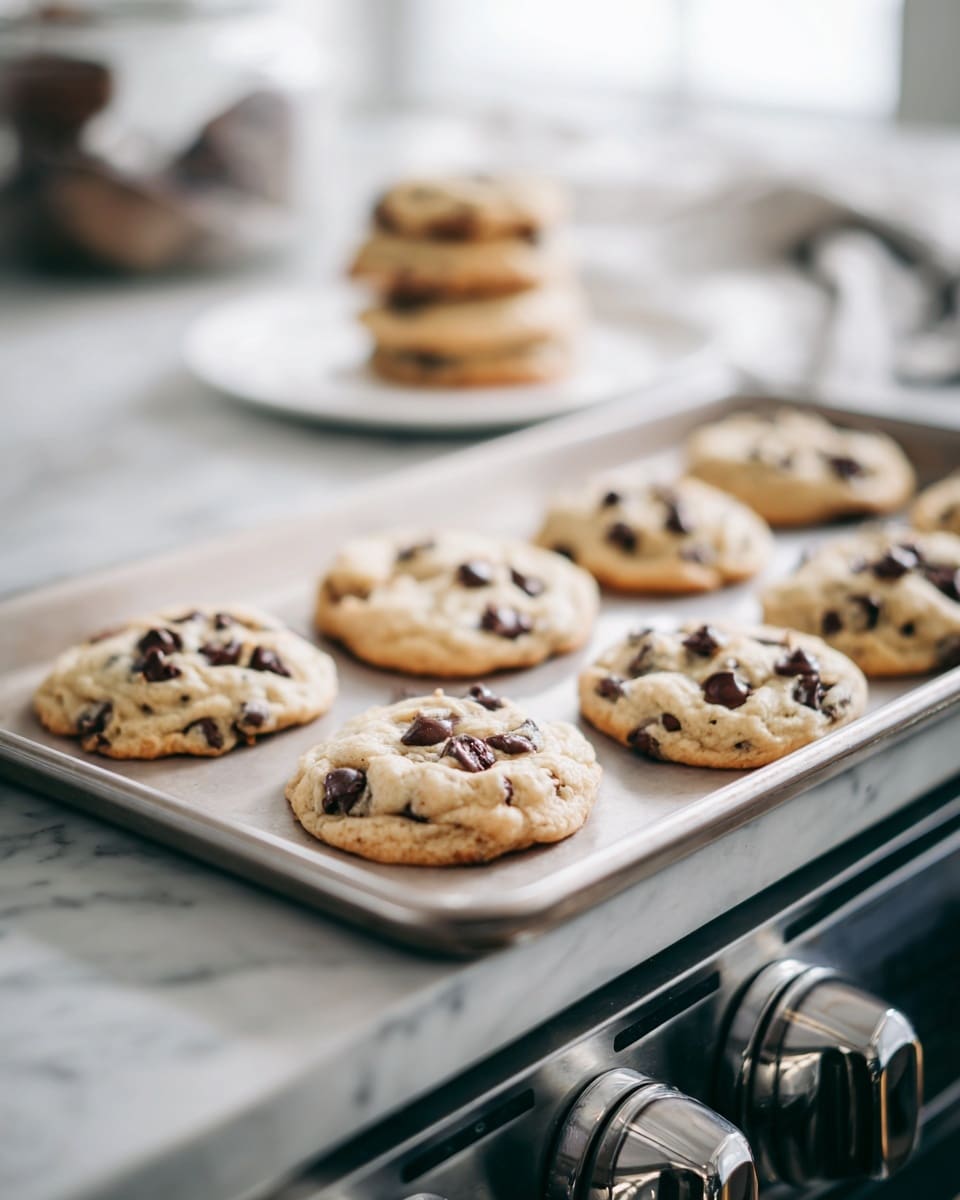 A close-up view of a metal baking tray filled with nine light golden chocolate chip cookies, each with a slightly puffy and soft texture and dark chocolate chips scattered on top. The cookies are arranged in two rows near the front of the tray, resting on a stovetop with shiny silver control knobs visible in the foreground. In the blurred background, more cookies are seen stacked on a white plate. The scene has a bright, soft light with a white marbled texture surface under the tray. photo taken with an iphone --ar 4:5 --v 7