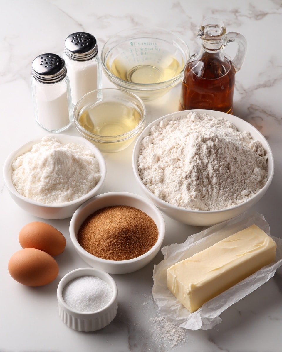 The image shows a group of baking ingredients arranged on a white marbled surface. At the front, there are two eggs sitting next to a small white bowl of baking powder and a stick of butter in paper wrapping. To the right, a large white bowl is filled with white flour, and next to it is a bottle of vanilla extract. At the center, there is a medium white bowl full of brown sugar. Behind these, two clear measuring cups hold a light yellow liquid. On the left side, two clear glass shakers are labeled sea salt and cinnamon, and a smaller white bowl is placed nearby. The scene is clean and bright, with the ingredients neatly grouped for baking. photo taken with an iphone --ar 4:5 --v 7