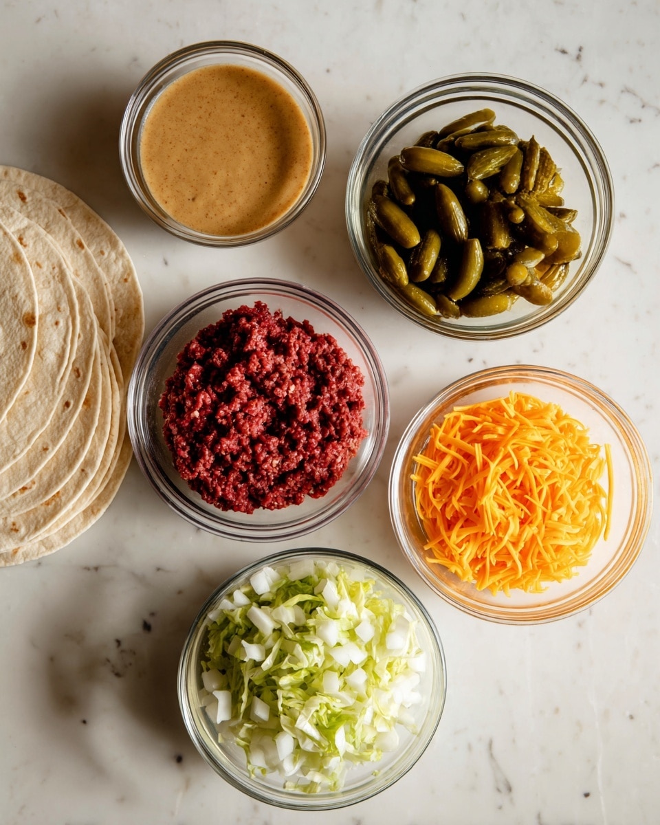 The image shows six layers of food ingredients arranged in small clear bowls and a stack of five light beige tortillas to the left on a white marbled surface. The top left bowl holds a light brown sauce with a smooth texture. Next to it is a bowl filled with many dark green pickle slices. On the right side near the top is a bowl with bright orange shredded cheese. Below that is a bowl containing white chopped onions with a soft texture. Toward the bottom near the center is a bowl of light green shredded lettuce with a crisp appearance. At the bottom left, there is a bowl filled with raw ground red meat. All bowls are round and clear, showing each ingredient's texture and color clearly. Photo taken with an iphone --ar 4:5 --v 7