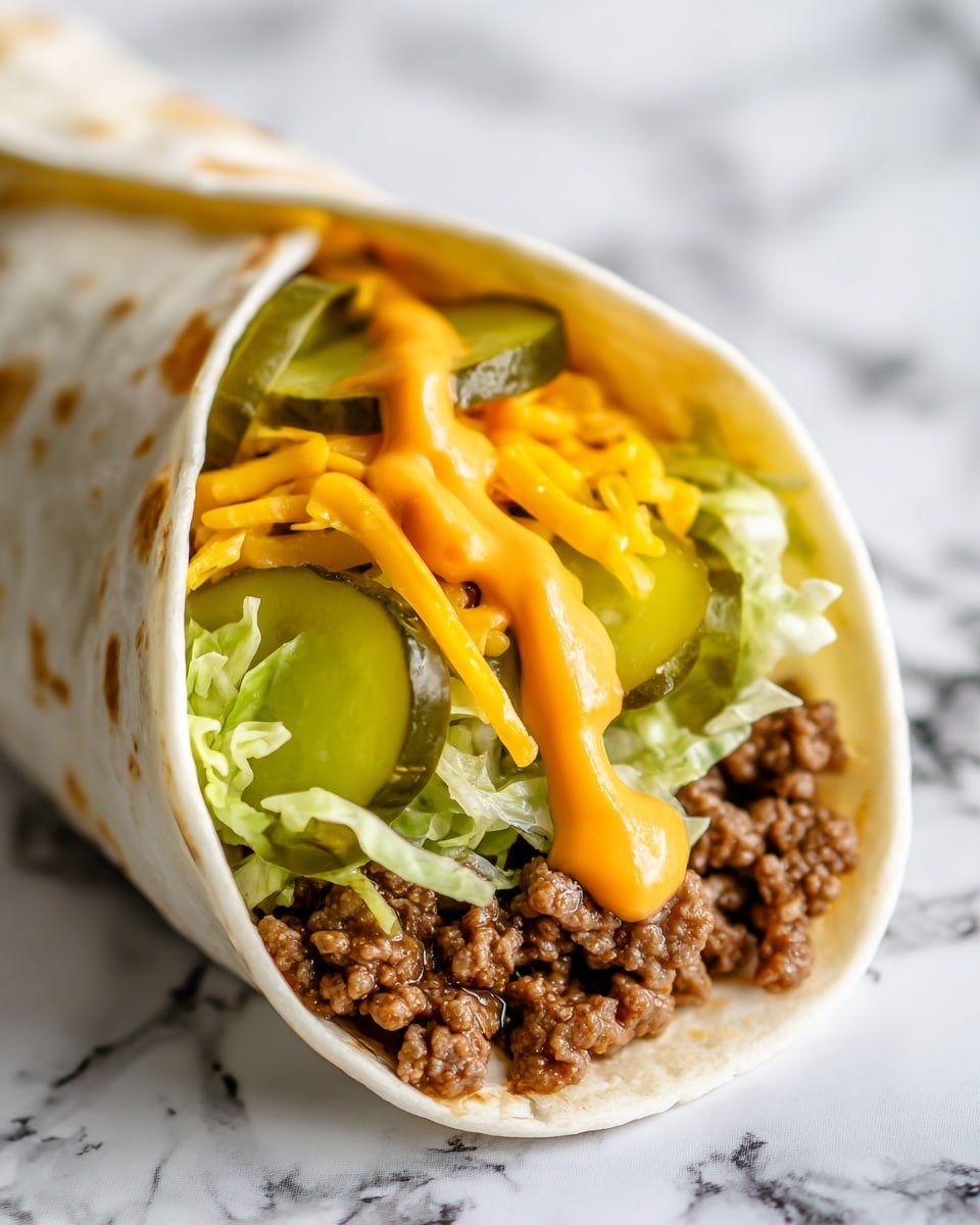 A soft white tortilla lays flat on a wooden board with a white marbled texture underneath, topped with a layer of shredded light green lettuce spread across the center, followed by small clumps of crumbly cooked ground beef scattered evenly over the lettuce. Bright orange shredded cheddar cheese is sprinkled on top, adding a vibrant contrast, with several round bright green pickle slices placed over the cheese. Finally, generous dollops of light beige creamy sauce are drizzled unevenly across all the layers, creating a rich and textured look. photo taken with an iphone --ar 4:5 --v 7