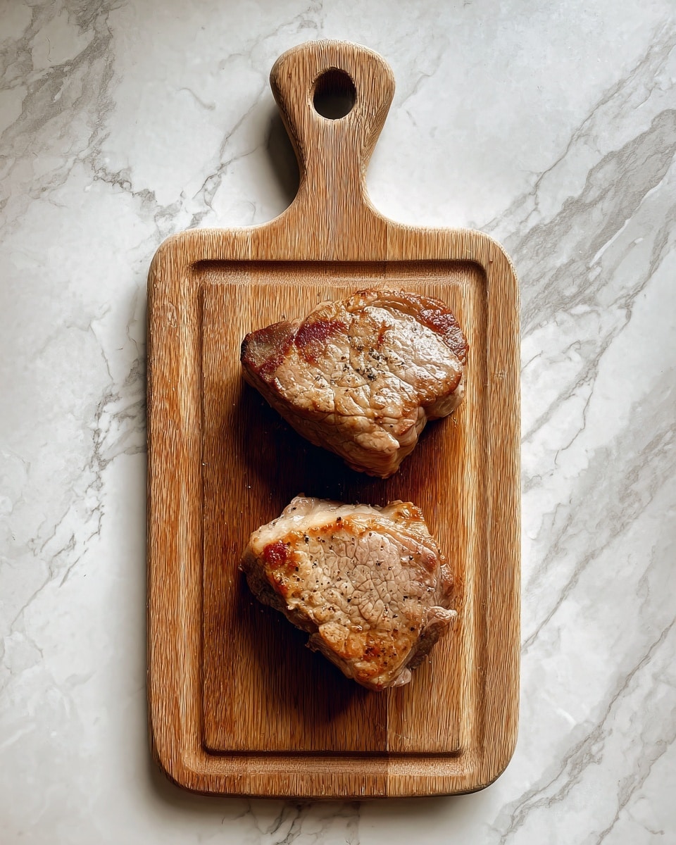 Two cooked pieces of meat with a light brown sear are placed side by side on a rectangular wooden cutting board with a handle. The cutting board sits on a white marbled surface. The meat has a slightly uneven shape and a lightly browned texture on top. photo taken with an iphone --ar 4:5 --v 7