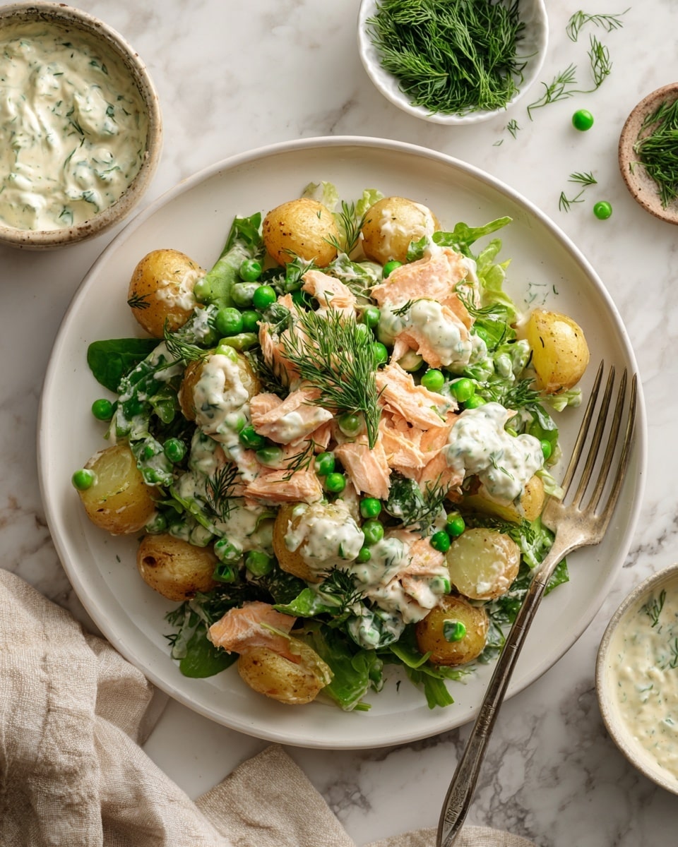 A white plate filled with a fresh salad on a white marbled surface, layered with green leafy greens at the base, small light brown potato pieces scattered throughout, bright green peas adding pops of color, and soft pink pieces of salmon placed on top. Dollops of creamy white sauce with green herb flecks are spread over the salad, finished with a small sprig of fresh dill in the center. A silver fork rests on the edge of the plate. Nearby, there is a small bowl of creamy white sauce garnished with dill. Photo taken with an iphone --ar 4:5 --v 7