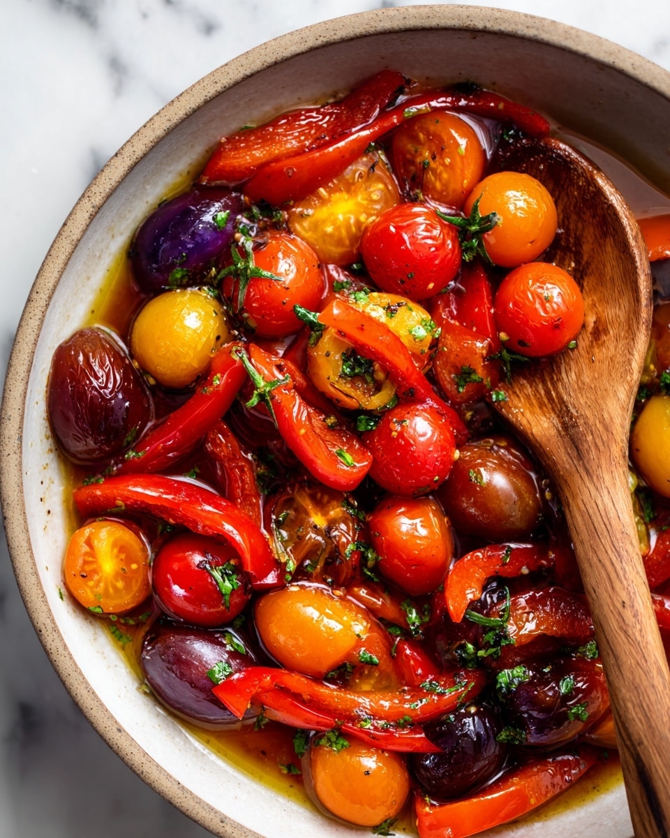 This image shows a close-up of a vibrant mix of small cherry tomatoes and long red pepper slices. The tomatoes come in different colors like bright red, deep purple, yellow, and orange, with some still holding their green stems. The red pepper slices look soft and shiny, curling softly in different directions all over the dish. They are sitting in a glossy, oily sauce that gives the whole mix a rich, fresh look. On the right side, a wooden spoon gently pushes into the vegetables, adding a natural touch. All of this is placed on a white marbled surface. Photo taken with an iphone --ar 4:5 --v 7