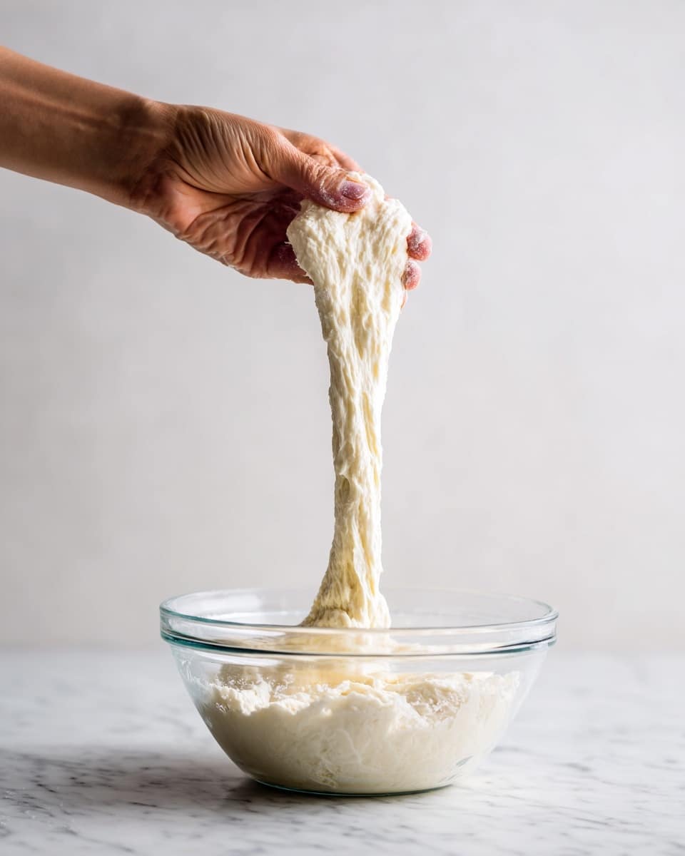 The image shows a woman's hand lifting a piece of dough from a clear glass bowl. The dough is stretched vertically, showing a soft, smooth, and slightly shiny texture. The bowl is placed on a surface with a white marbled texture, and the background is plain and light-colored. The focus is on the dough's elasticity and the woman's hand gently pulling it. photo taken with an iphone --ar 4:5 --v 7