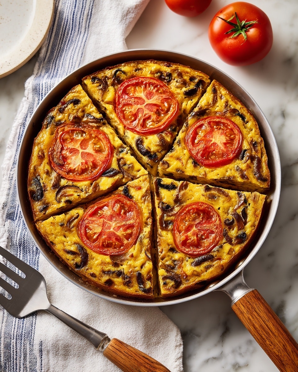 A round pan holds a baked dish with a thick yellowish base filled with small pieces of dark mushrooms spread evenly throughout. On top, six tomato slices, bright red with juicy textures, are arranged in a circular pattern—five around the edge and one in the center. The pan has a wooden handle and is placed on a white marbled surface. Nearby, there is a metal spatula with a wooden handle resting on a white and blue striped cloth, and a whole tomato lies beside the pan. photo taken with an iphone --ar 4:5 --v 7