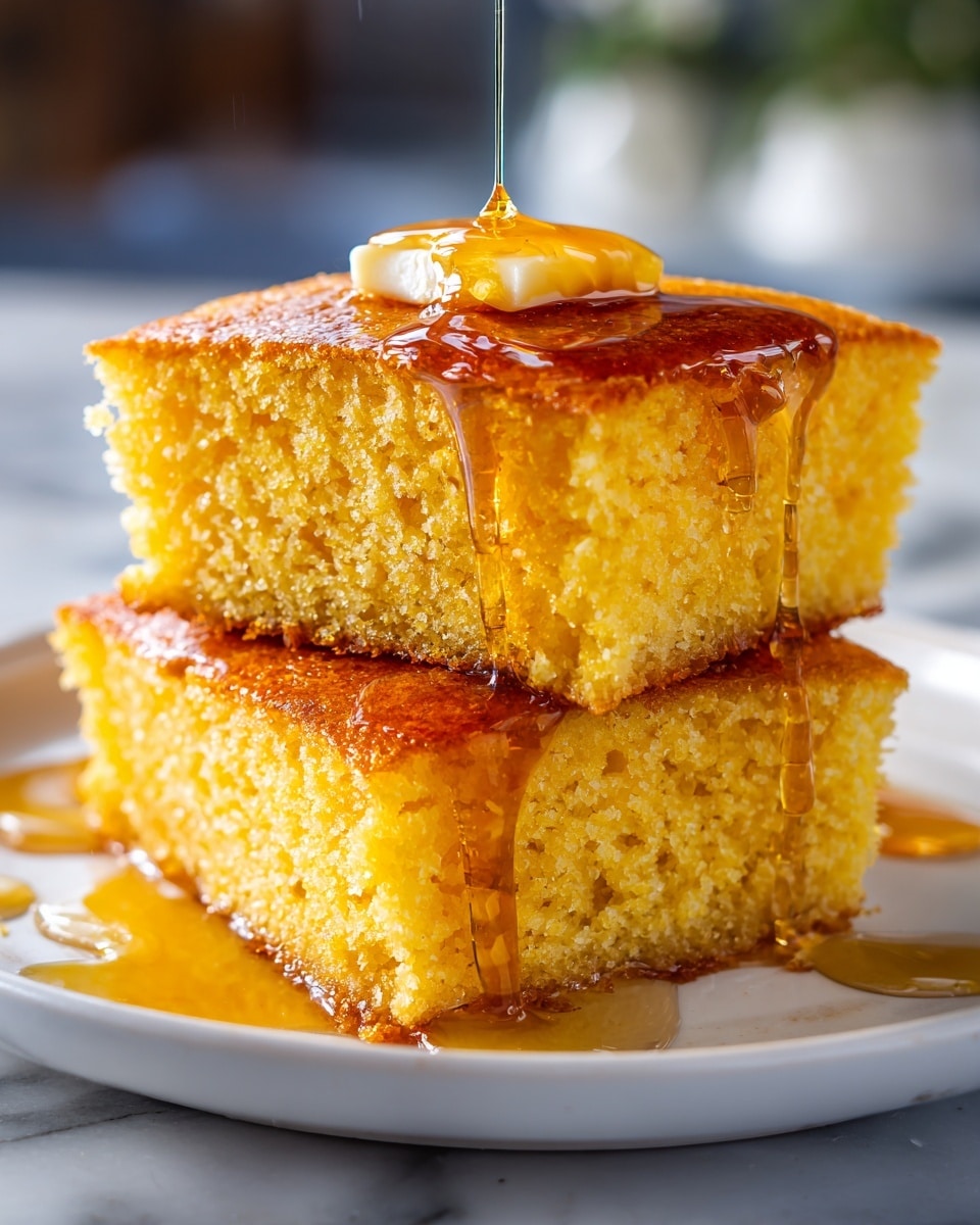 A close-up image of a soft, thick, golden-brown cornbread square being lifted by a spatula over a white baking dish. The cornbread has a crumbly texture with visible tiny air pockets and a slightly darker crust on top. The white baking dish below holds more cornbread cut into pieces on a white marbled surface. Photo taken with an iphone --ar 4:5 --v 7