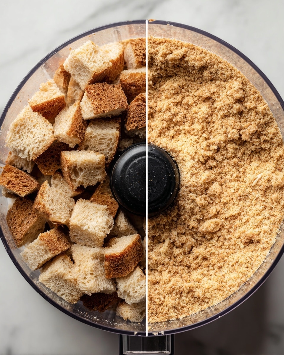 Two side-by-side close-up images inside a clear food processor bowl on a white marbled surface. The left image shows coarse pieces of light brown bread broken into different sizes surrounding the black central blade. The bread pieces have a rough texture with some areas toasted a bit darker. The right image shows the same bread now ground into fine crumbs, covering the base of the bowl evenly around the black blade, with a smooth and sandy texture, all light brown and tan in color. Photo taken with an iphone --ar 4:5 --v 7