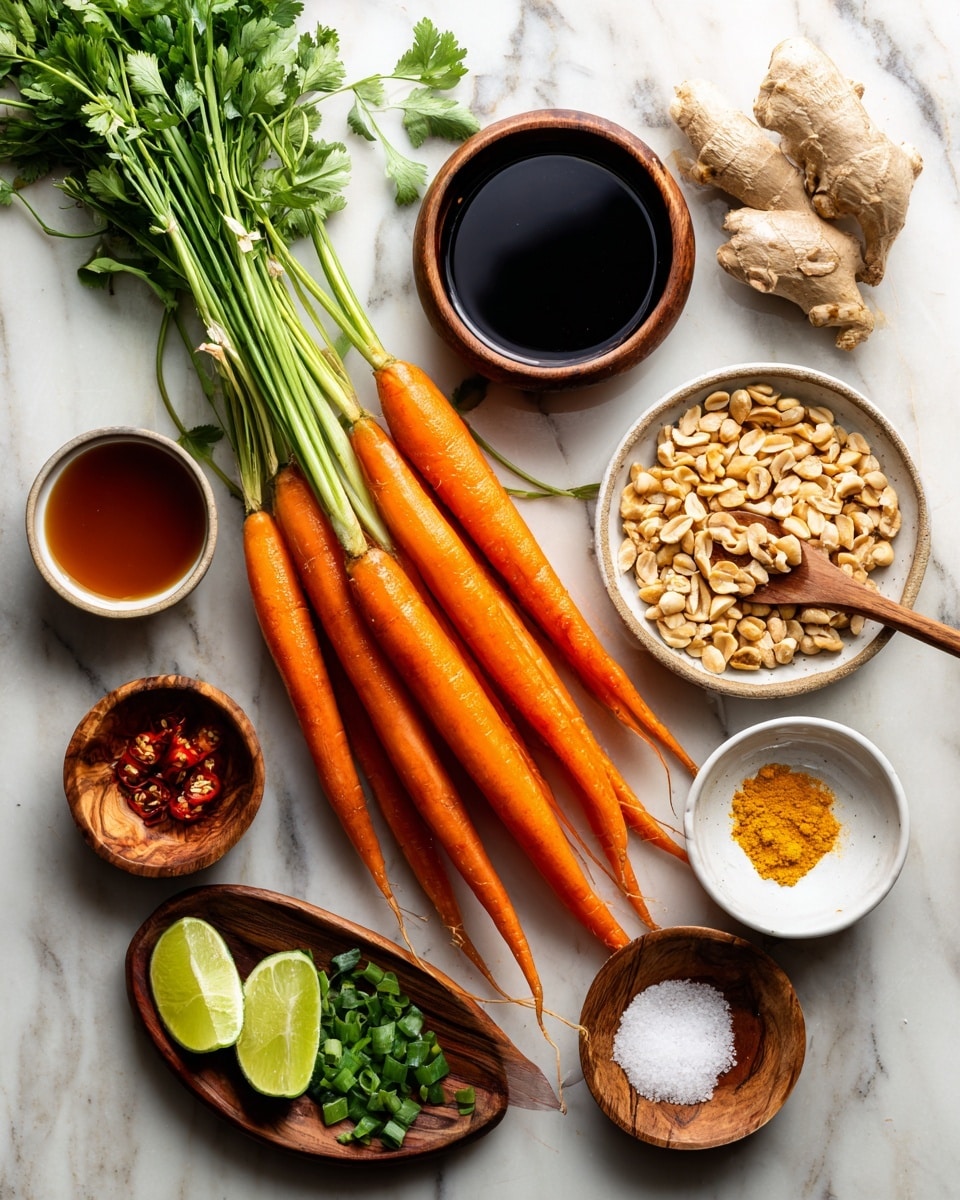 The image shows a collection of fresh ingredients arranged on a white marbled surface. The main focus is a bunch of bright orange carrots with green tops, lying diagonally across the scene. Surrounding the carrots are small white bowls and wooden dishes containing various seasonings and toppings: a bowl of dark soy sauce, a bowl of light sesame oil, a bowl of lime and lemon juice, and another with fresh green onion slices. There is also a small wooden spoon with yellow mustard powder, a dish filled with crushed roasted peanuts, a plate with chopped red chili, lime and lemon zest, and a small piece of fresh ginger root placed nearby. A wooden board on the left holds fresh coriander, garlic cloves, and mirin seasoning, while a small wooden bowl contains white sugar. Everything is neatly organized to clearly display each ingredient's texture and color. Photo taken with an iphone --ar 4:5 --v 7