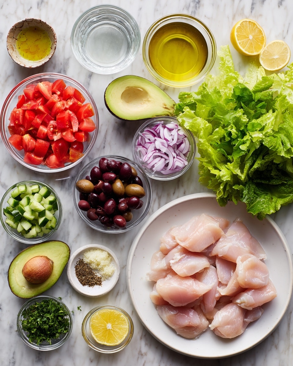 The image shows a collection of fresh ingredients neatly arranged on a white marbled surface. In the center, there is a white plate holding several pieces of raw light pink chicken. Around this plate, small clear glass bowls hold diced bright red tomatoes, dark brown olives, and thin slices of pale purple red onion. To the right side, a fresh bunch of green lettuce leaves is placed. On the left side, there are small bowls with bright green chopped cucumber, finely chopped green parsley, and an avocado placed whole. Other small bowls contain light yellow lemon wedges, finely chopped white garlic, yellowish olive oil, brown dried oregano, mixed pepper, salt, bright golden wine, dried basil, and pale yellow lemon juice. A small clear glass of water is also present near the top center. The colors include various greens, reds, whites, and browns, all arranged in a clear and organized way. Photo taken with an iphone --ar 4:5 --v 7