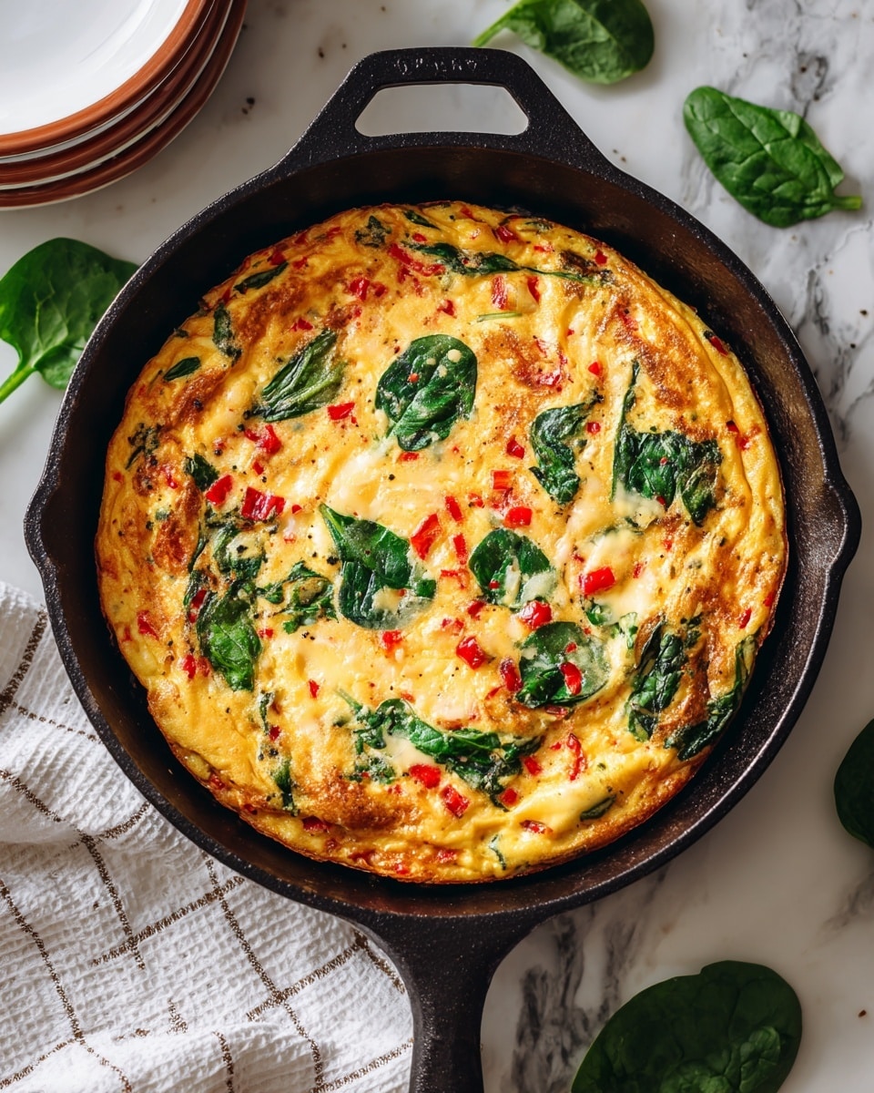 A golden yellow frittata cooked in a black cast iron skillet, with visible layers of chopped red peppers and green spinach strips spread evenly throughout. The top layer is lightly browned cheese and scattered fresh spinach strips, adding texture and color contrast. The skillet sits on a white marbled surface with fresh spinach leaves scattered around, and a white checked kitchen cloth is placed nearby. Two stacked white plates with brown rims are partially visible in the top left corner. photo taken with an iphone --ar 4:5 --v 7