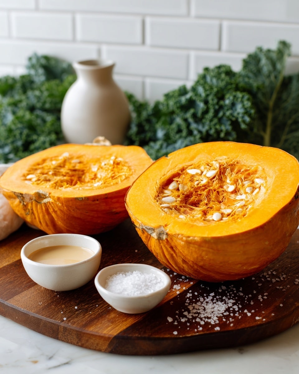 The image shows a large orange pumpkin cut in half, placed on a dark wooden board on a white marbled surface. The pumpkin halves reveal thick, chunky bright orange flesh with a cluster of pale seeds in the middle. In front of the pumpkin, there are two small white bowls, one with a light creamy sauce and the other with coarse salt. Some salt grains are scattered on the board. The background is a white brick wall with some green leafy kale partly visible behind the pumpkin. Photo taken with an iphone --ar 4:5 --v 7