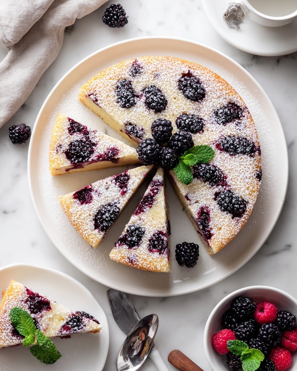 A slice of light yellow cake with a soft and spongy texture is shown on a white plate. The cake has several dark purple blackberries placed on top and inside, creating a dotted pattern inside the slice. The edges of the cake are golden brown, giving a slight crisp look. The slice is dusted with a thin layer of white powdered sugar mainly on the top. Around the slice on the plate, there are a few fresh blackberries and bright red raspberries adding contrast in color. The background is a white marbled texture. photo taken with an iphone --ar 4:5 --v 7
