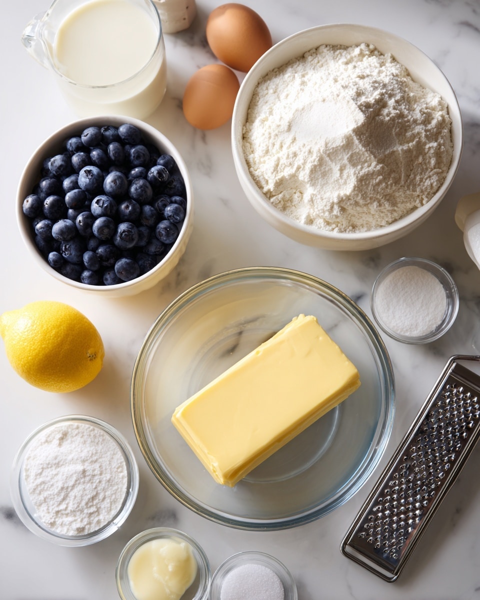 A large clear glass bowl sits in the center on a white marbled surface, holding a stick of yellow butter. Surrounding the bowl in a neat arrangement are small clear glass bowls filled with white sugar, white baking powder, and vanilla extract. To the left on the surface is a bigger white bowl filled with white flour and a metal grater. Near the top, a transparent measuring cup filled with fresh blue blueberries, a brown egg, and a white container filled with milk are placed. A whole lemon is positioned near the bottom left corner. The photo taken with an iphone --ar 4:5 --v 7