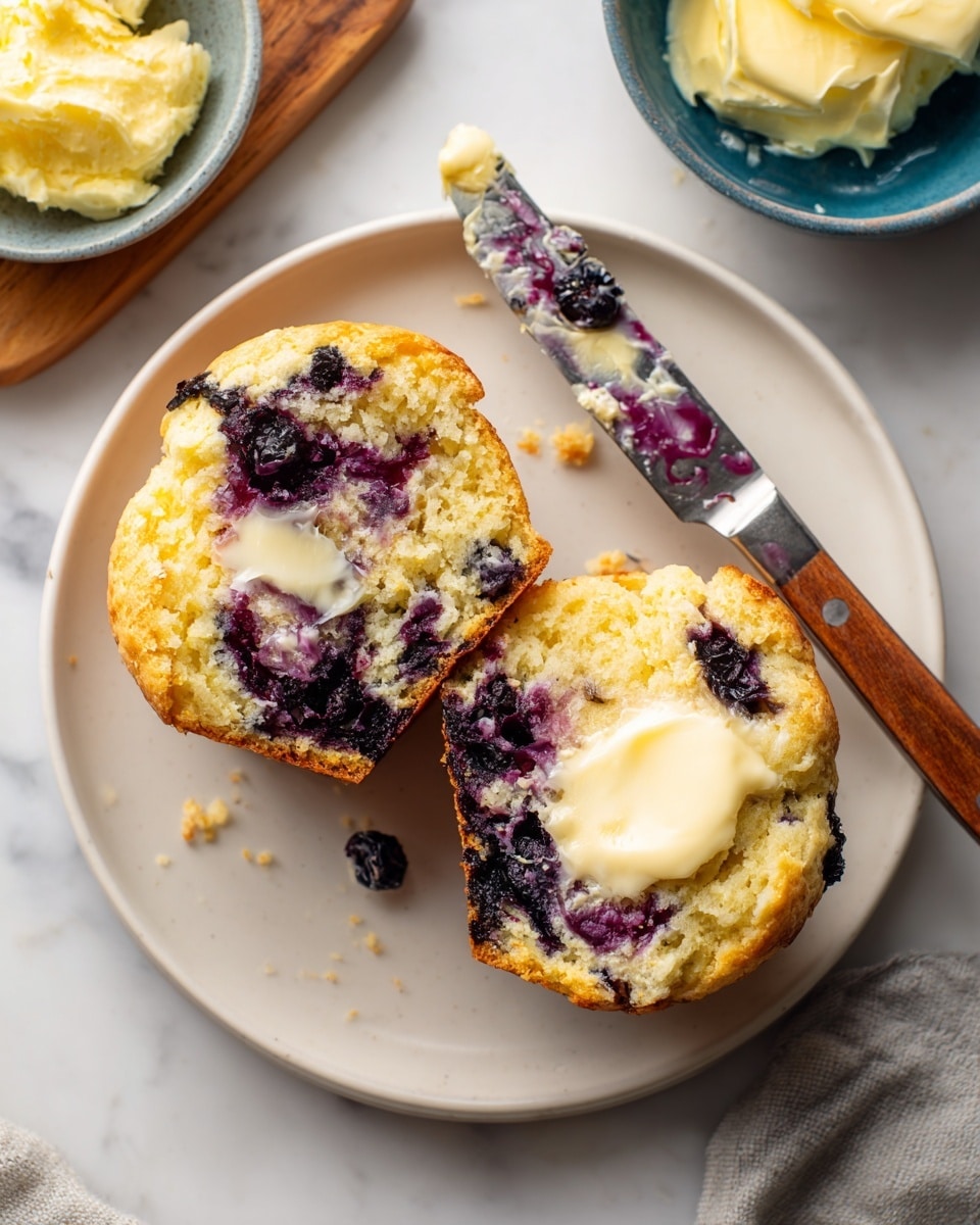 A white round plate holds a blueberry muffin cut into two halves. Each half shows a crumbly golden-yellow cake with deep purple blueberry swirls throughout. There is a dollop of melted butter sitting in the middle of each muffin half, adding a creamy pale yellow contrast. A butter knife with a wooden handle rests on the plate, with some butter spread on its silver blade and slight purple blueberry stains. The scene is set on a white marbled surface with a small blue bowl of butter and a wooden cutting board partially visible in the background. photo taken with an iphone --ar 4:5 --v 7