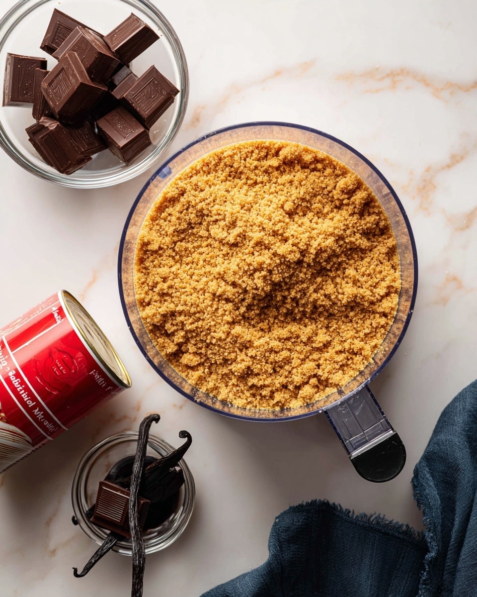The image shows a clear plastic food processor bowl filled with a single layer of crushed golden-brown crumbly texture, which looks like crushed biscuits. Next to the bowl on the white marbled surface, there is a small clear bowl with several large blocks of dark chocolate with a smooth texture. Below the chocolate bowl is a red and white can of sweetened condensed milk. To the right of the can is a small clear glass bottle with a dark vanilla bean inside, with a black cap on top. A dark blue cloth is partially visible behind the food processor bowl. Photo taken with an iphone --ar 4:5 --v 7