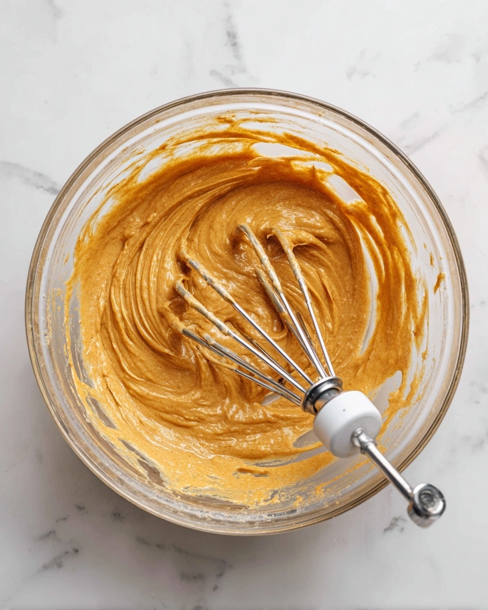 A clear glass bowl sits on a white marbled surface filled with a thick, orange-brown batter with streaks showing its creamy texture. Inside the bowl, two metal beaters from a white KitchenAid hand mixer are partially submerged in the batter, with some batter clinging to the beaters. The bowl shows some batter splashes along the inside edges, indicating recent mixing. The background is a clean white marbled texture. photo taken with an iphone --ar 4:5 --v 7