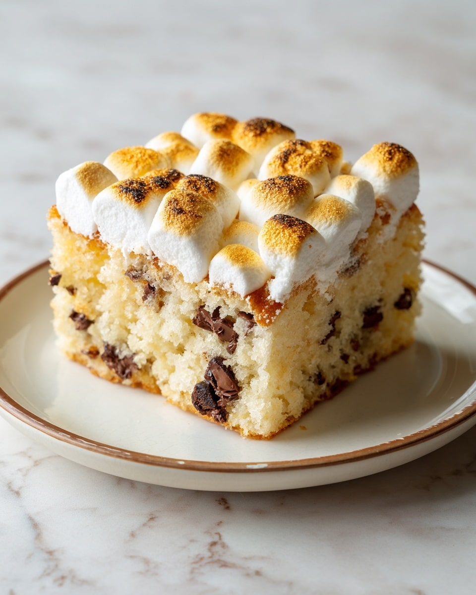 The image shows a white rectangular baking dish filled with a dish topped with a thick layer of golden brown, toasted marshmallows. The marshmallows form a bubbly, uneven surface with many round, puffed sections varying in shades of light to dark brown, indicating a toasted texture. Underneath, a darker layer peeks through the edges where the marshmallows have slightly melted and spread unevenly. The dish is placed on a metal cooling rack that sits on a white marbled surface. The photo is taken from above, capturing the whole dish with warm lighting highlighting the marshmallow texture. photo taken with an iphone --ar 4:5 --v 7