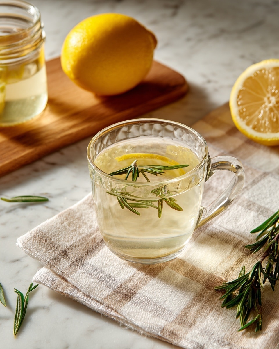A clear glass cup filled with a light, transparent liquid with a green herb floating inside is placed on a white marbled surface covered with a white cloth that has light yellow grid lines. A woman's hand is squeezing a fresh yellow lemon half above the cup, and droplets of lemon juice are seen falling into the cup. In the background, on a wooden board, there are two more lemon halves and some scattered green herbs, all softly blurred. photo taken with an iphone --ar 4:5 --v 7