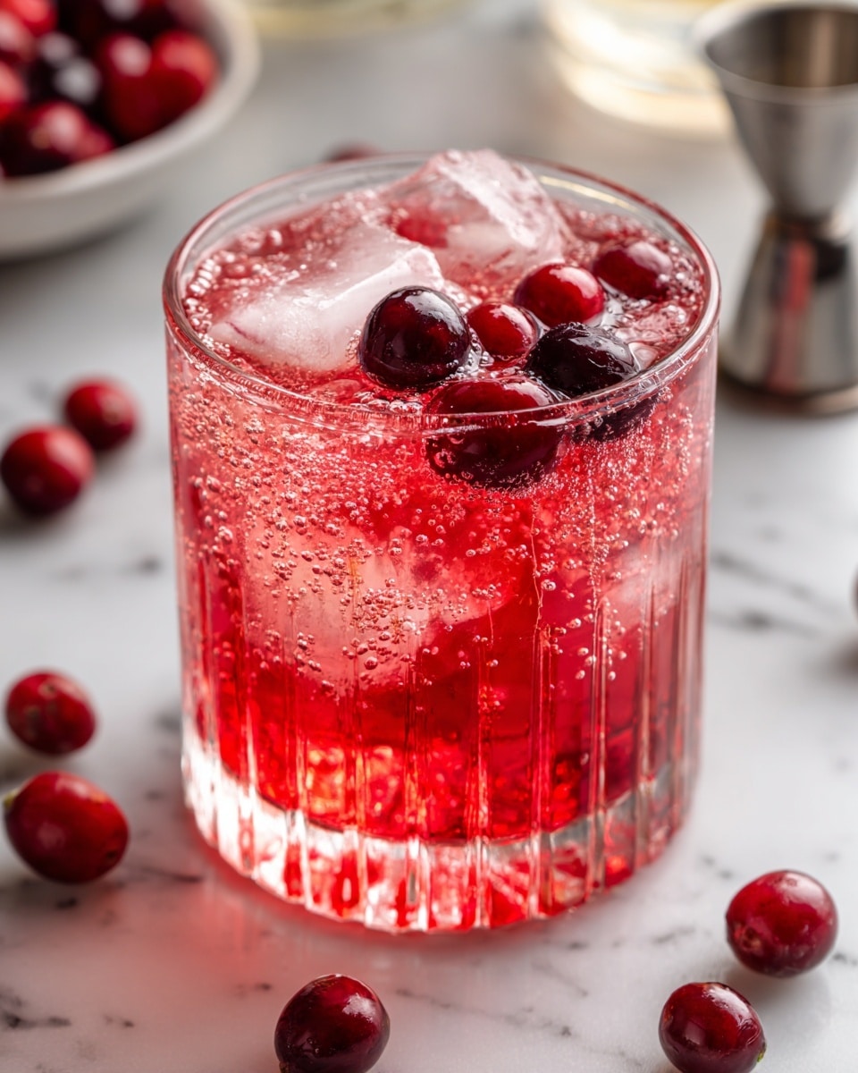 A clear glass filled with a bright pink drink that has ice cubes floating on top. There are several whole red and dark red cranberries resting on the ice and in the drink. The glass has vertical ridges around it. The drink looks fizzy with tiny bubbles rising inside. In the background, there are scattered cranberries on a white marbled surface, a metal jigger, and a blurry bottle of vodka. Photo taken with an iphone --ar 4:5 --v 7